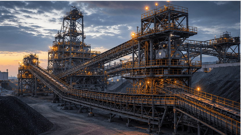 Instalação industrial pesada com correias transportadoras e estruturas de mineração