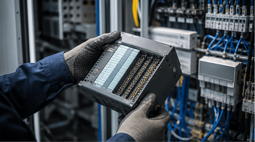 Técnico analisando módulo industrial antigo junto a painel elétrico