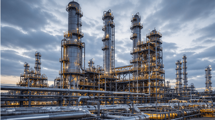 Planta industrial de processo com torres, tubulações e estruturas metálicas
